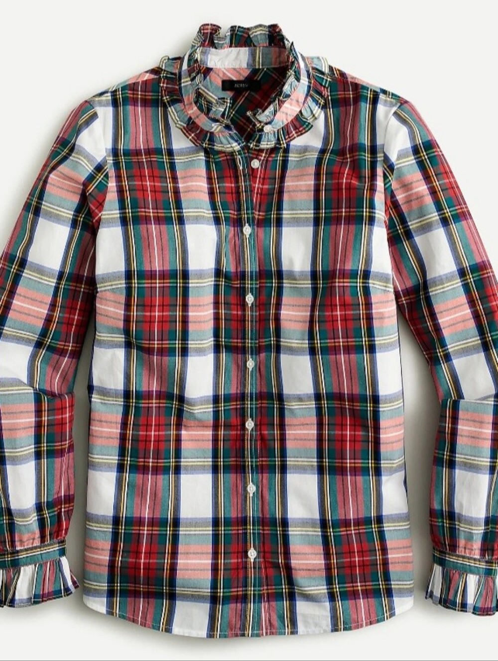 J. Crew Snowy Tartan Plaid Long Sleeve Ruffle Blouse Size Medium Holiday Festive